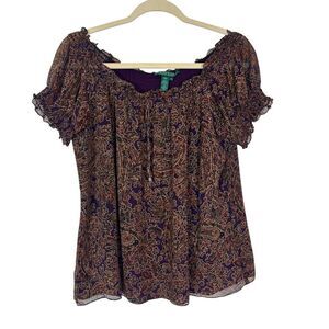 Lauren Ralph Lauren silk Blouse Womens XL Brown Silk Paisley Puff short sleeve